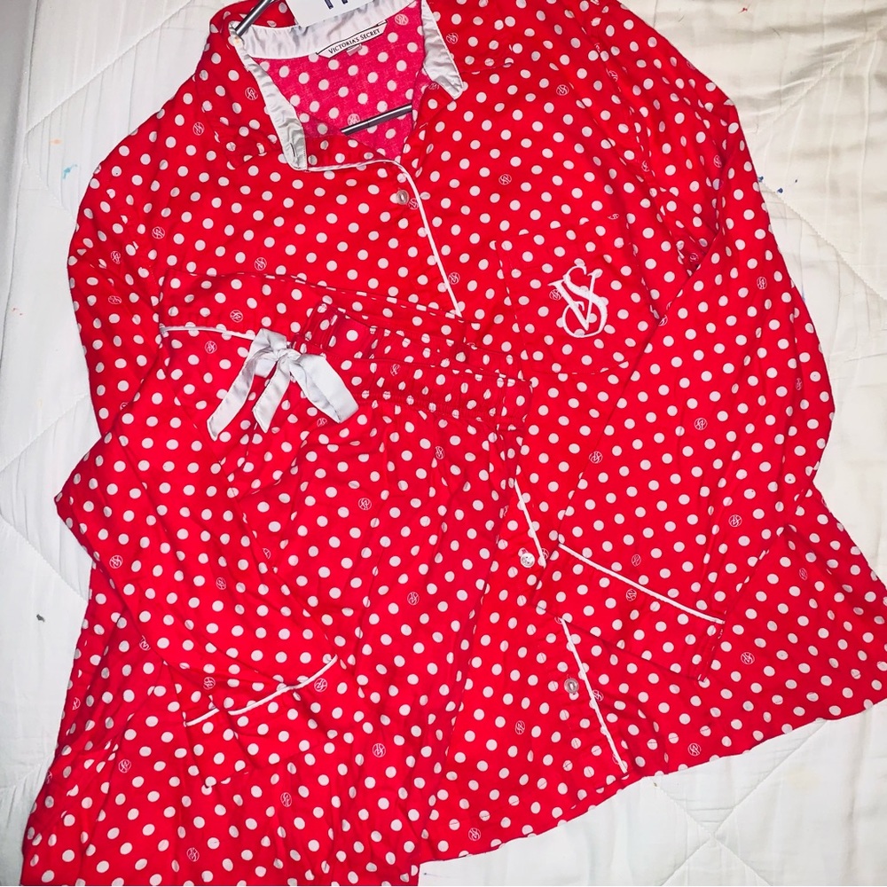 Victorias Secret red & white polka dot pajamas set M loungewear lounge cozy PJs